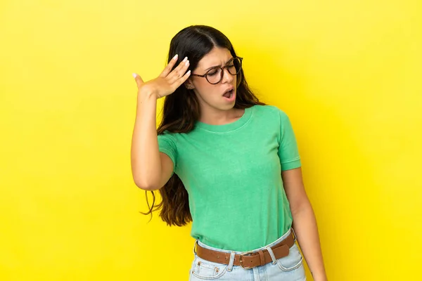 Young Caucasian Woman Isolated Yellow Background Tired Sick Expression — Stock Photo, Image