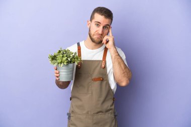 Bahçıvan Kafkasyalı bir adam sarı arka planda bir bitki tutuyor.