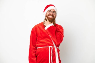 Reddish man disguised as Santa claus isolated on white happy and smiling