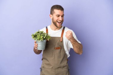 Bahçıvan Kafkasyalı adam sarı arka planda bir bitki tutuyor zaferi kutluyor.
