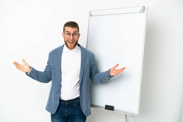Young Handsome Caucasian Man Isolated White Background Giving Presentation White — Stock Photo, Image