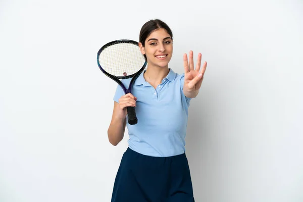 Stilig Ung Tennisspelare Kaukasisk Kvinna Isolerad Vit Bakgrund Glad Och — Stockfoto