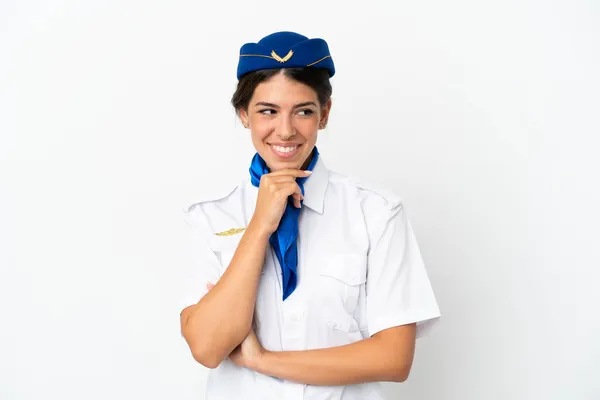 Stewardessa Samolot Kaukaska Kobieta Izolowane Białym Tle Patrząc Boku — Zdjęcie stockowe