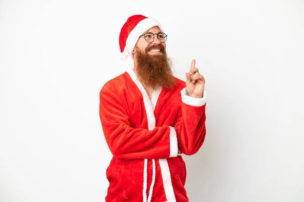 Reddish Man Disguised Santa Claus Isolated White Pointing Great Idea — Stock Photo, Image