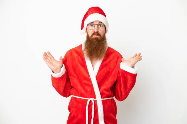 Reddish Man Disguised Santa Claus Isolated White Having Doubts While — Stock Photo, Image