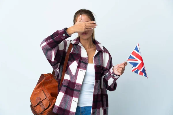 Junge Frau Mit Einer Britischen Flagge Auf Weißem Hintergrund Die — Stockfoto