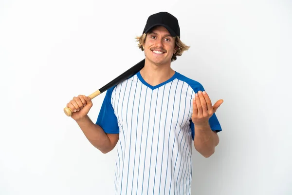 Mladý Blondýnka Muž Hraje Baseball Izolovaný Bílém Pozadí Zvoucí Přijít — Stock fotografie