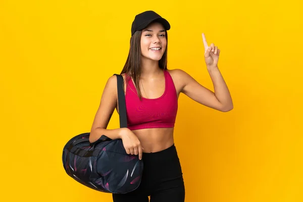 Έφηβη Αθλητική Κοπέλα Αθλητική Τσάντα Που Δείχνει Μια Μεγάλη Ιδέα — Φωτογραφία Αρχείου