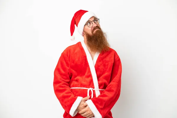 Reddish Man Disguised Santa Claus Isolated White Looking — Stock Photo, Image