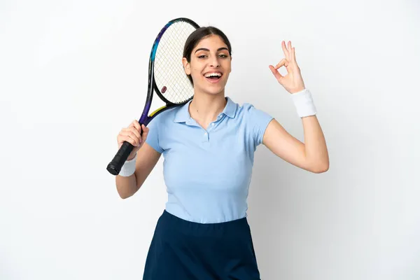 Ung Kaukasisk Kvinna Isolerad Vit Bakgrund Spelar Tennis Och Gör — Stockfoto