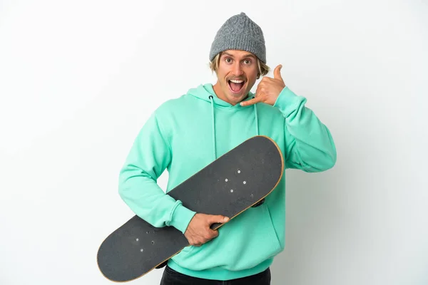 Young Skater Blonde Man Isolated White Background Making Phone Gesture — Stock Photo, Image