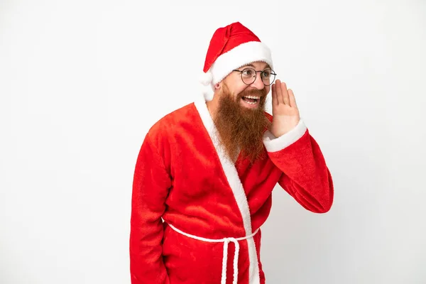 Homem Avermelhado Disfarçado Papai Noel Isolado Branco Ouvindo Algo Colocando — Fotografia de Stock
