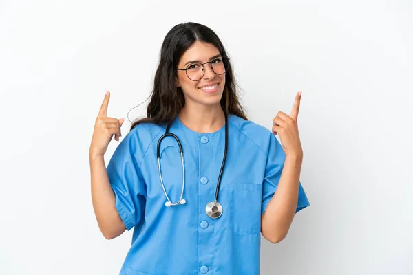 Young Surgeon Doctor Caucasian Woman Isolated White Background Pointing Great — Stock Photo, Image