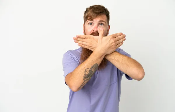 Young Reddish Caucasian Man Isolated White Background Making Stop Gesture — Stock Photo, Image