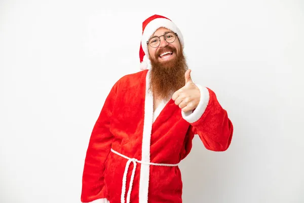 Красноватый Человек Замаскированный Санта Клауса Изолированный Белом Большими Пальцами Вверх — стоковое фото