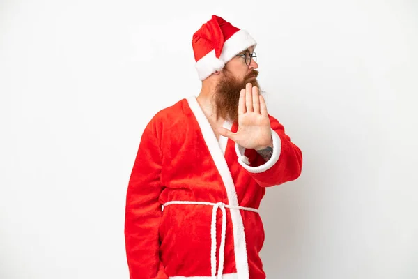 Reddish Man Disguised Santa Claus Isolated White Making Stop Gesture — Stock Photo, Image