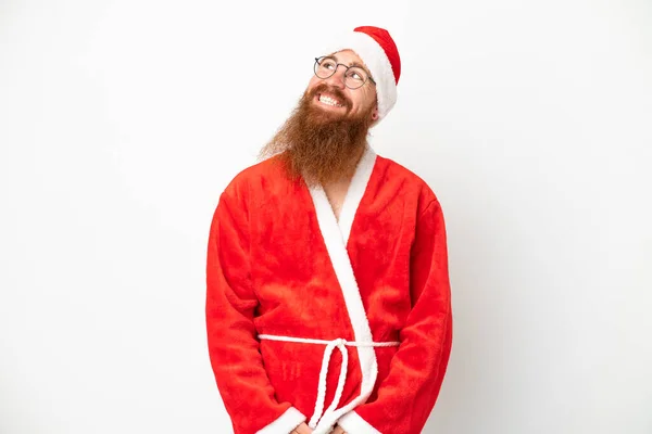 Reddish Άνθρωπος Μεταμφιεσμένος Santa Claus Απομονώνονται Λευκό Σκέψης Μια Ιδέα — Φωτογραφία Αρχείου