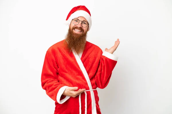 Reddish Man Disguised Santa Claus Isolated White Extending Hands Side — Stock Photo, Image