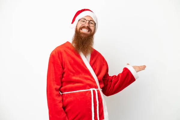 Reddish Man Disguised Santa Claus Isolated White Extending Hands Side — Stock Photo, Image