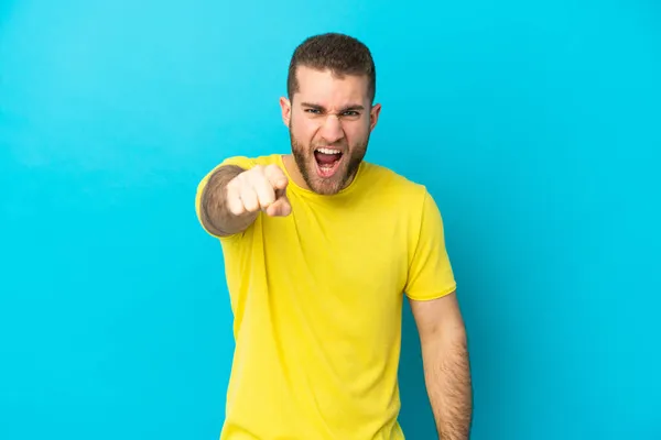 Young Handsome Caucasian Man Isolated Blue Background Frustrated Pointing Front — Stock Photo, Image