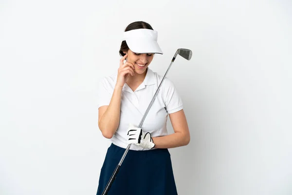 年轻英俊的高尔夫球手女人被白色背景的笑声隔离了 — 图库照片