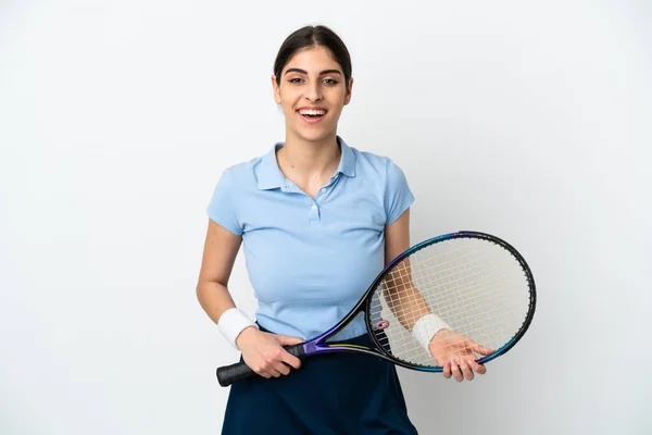 Ung Kaukasiska Kvinna Isolerad Vit Bakgrund Spelar Tennis — Stockfoto