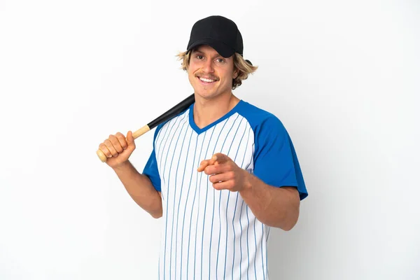 Junger Blonder Mann Isoliert Auf Weißem Hintergrund Baseball Spielt Und — Stockfoto