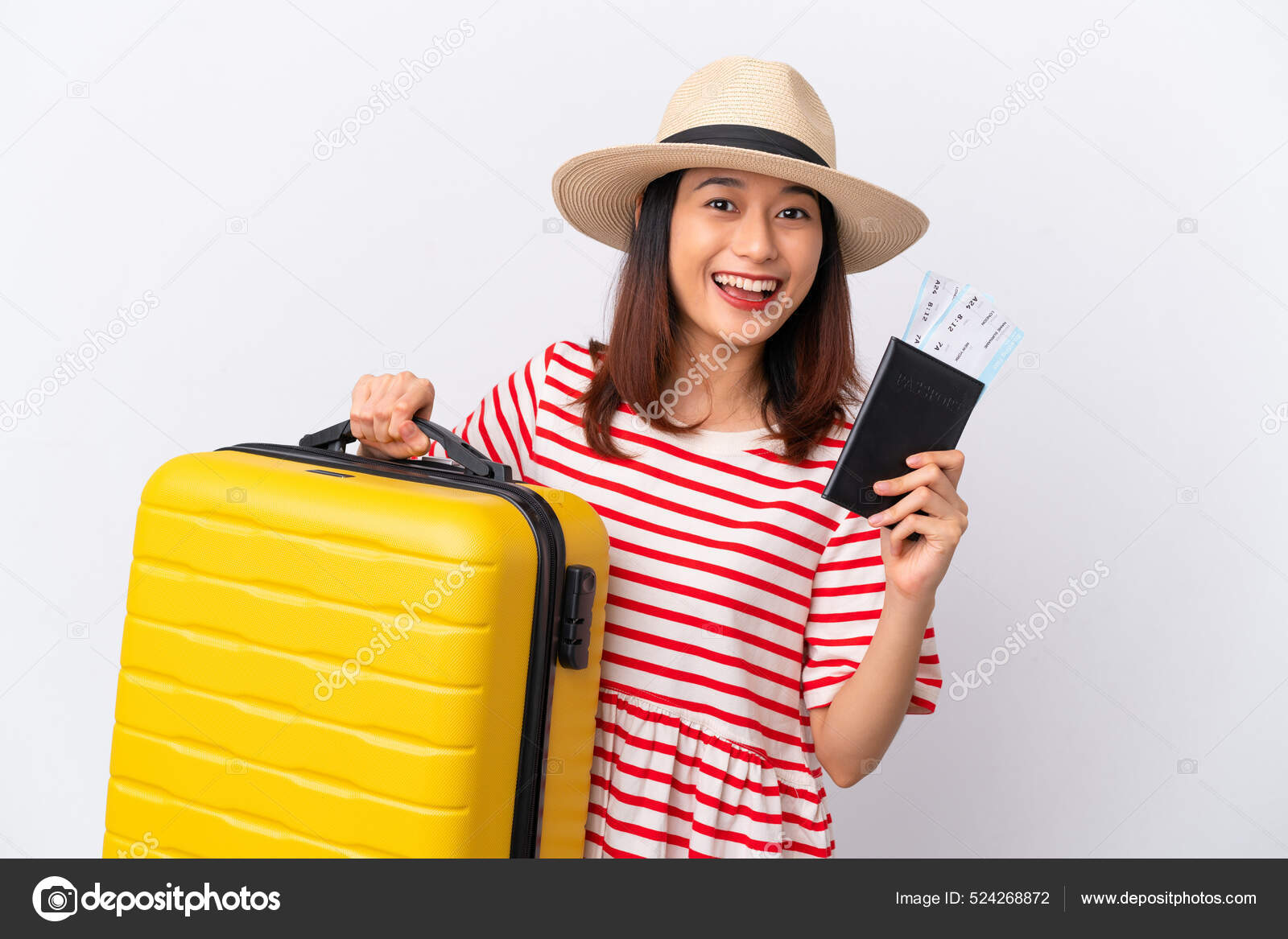 Young Vietnamese Woman Isolated White Background Vacation Suitcase