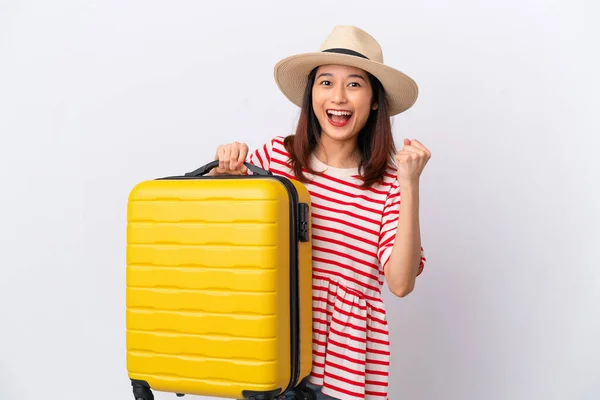 Young Vietnamese Woman Isolated White Background Vacation Travel Suitcase — Stock Photo, Image