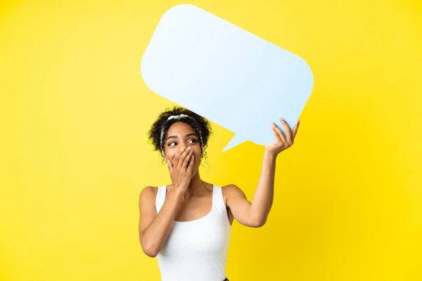 Young African American Woman Isolated Yellow Background Holding Empty Speech — Stock Photo, Image
