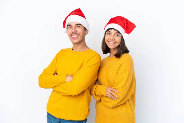 Jong Gemengd Ras Paar Vieren Kerstmis Geïsoleerd Witte Achtergrond Houden — Stockfoto