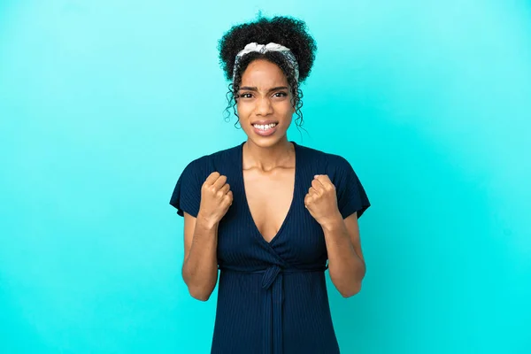 Young Latin Woman Isolated Blue Background Frustrated Bad Situation — Stock Photo, Image