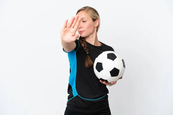 Joven Futbolista Mujer Aislada Sobre Fondo Blanco Haciendo Stop Gesture — Foto de Stock