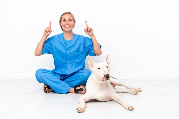 Jovem Veterinária Inglesa Mulher Sentada Chão Com Cão Apontando Para — Fotografia de Stock