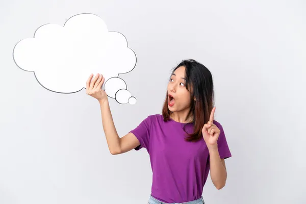 Young Vietnamese Woman Isolated White Background Holding Thinking Speech Bubble — Stock Photo, Image