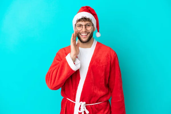 Young Man Disguised Santa Claus Isolated Blue Background Surprise Shocked — Stock Photo, Image