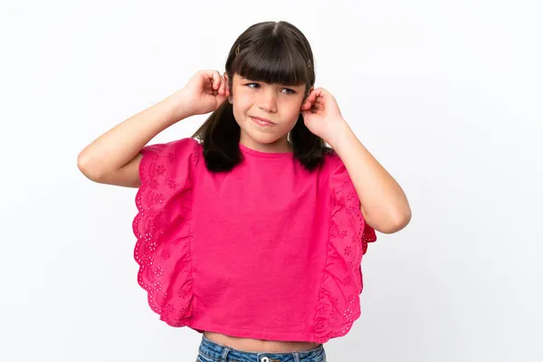 Little Caucasian Kid Isolated White Background Frustrated Covering Ears — Stock Photo, Image