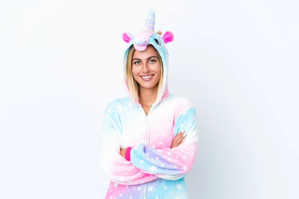 Blonde Uruguayan Girl Wearing Unicorn Pajama Isolated White Background Keeping — Stock Photo, Image