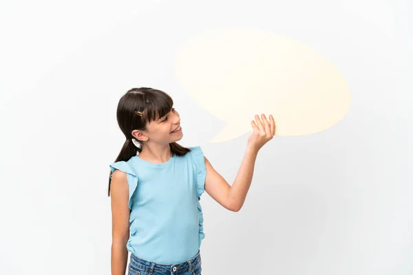 Little Caucasian Kid Isolated White Background Holding Empty Speech Bubble — Stock Photo, Image
