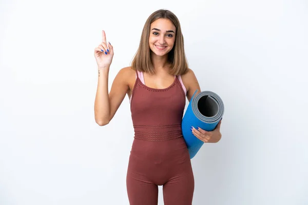 Joven Mujer Caucásica Deportiva Yendo Clases Yoga Aislada Sobre Fondo —  Fotos de Stock