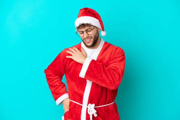 Young Man Disguised Santa Claus Isolated Blue Background Suffering Pain — Stock Photo, Image