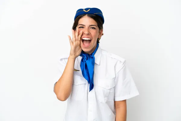 Flugzeug Stewardess Kaukasische Frau Isoliert Auf Weißem Hintergrund Schreit Mit — Stockfoto