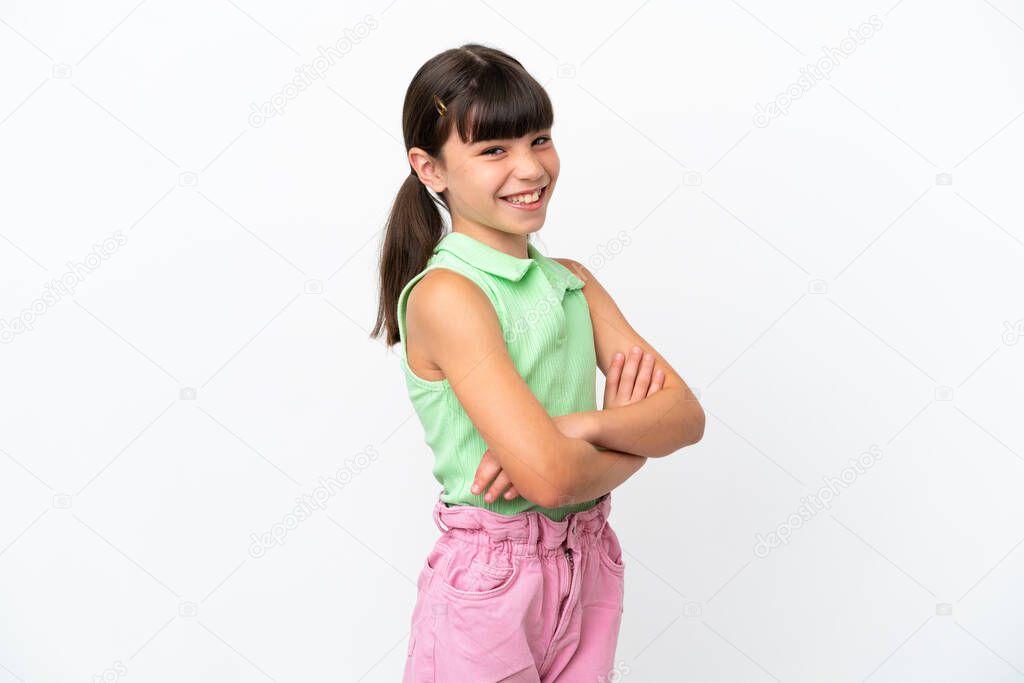 Little caucasian kid isolated on white background with arms crossed and looking forward