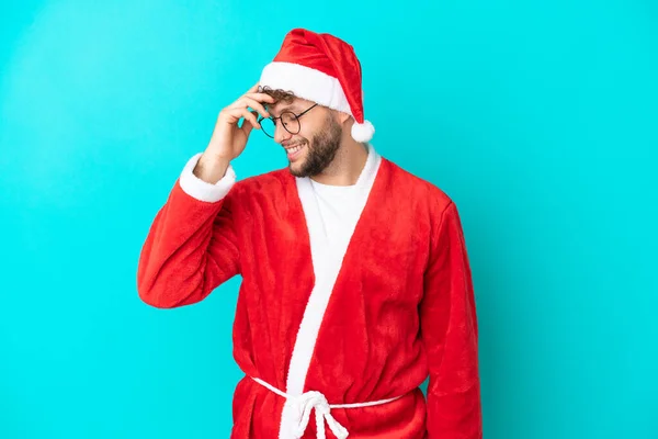 Young Man Disguised Santa Claus Isolated Blue Background Laughing — Stock Photo, Image