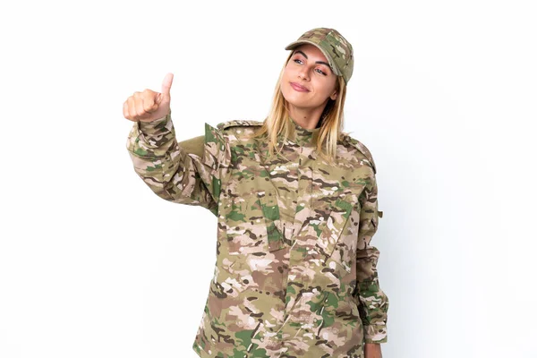 Військова Жінка Ізольована Білому Тлі Даючи Великі Пальці Вгору Жест — стокове фото