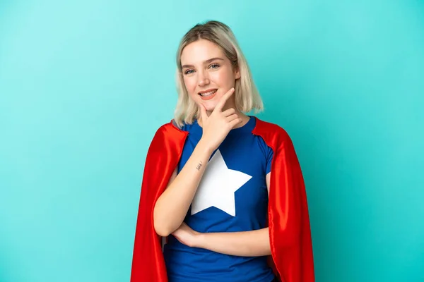 Super Hero Caucasian Woman Isolated Blue Background Smiling — Stock Photo, Image
