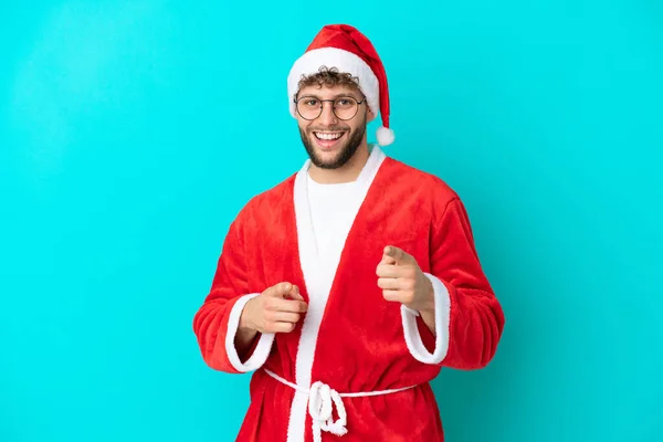Young Man Disguised Santa Claus Isolated Blue Background Pointing Front — Stock Photo, Image