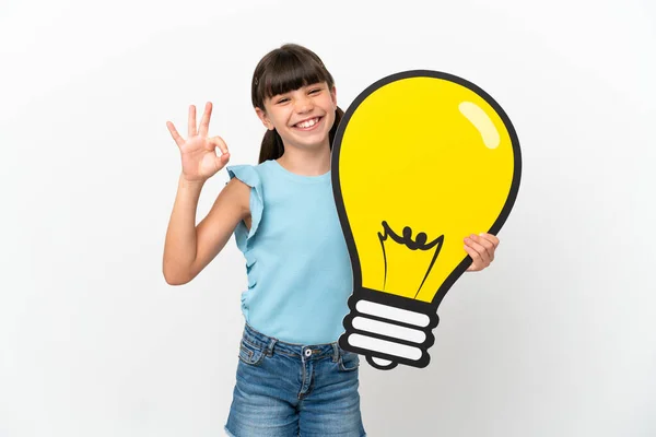 Little Caucasian Kid Isolated White Background Holding Bulb Icon Doing — Stock Photo, Image