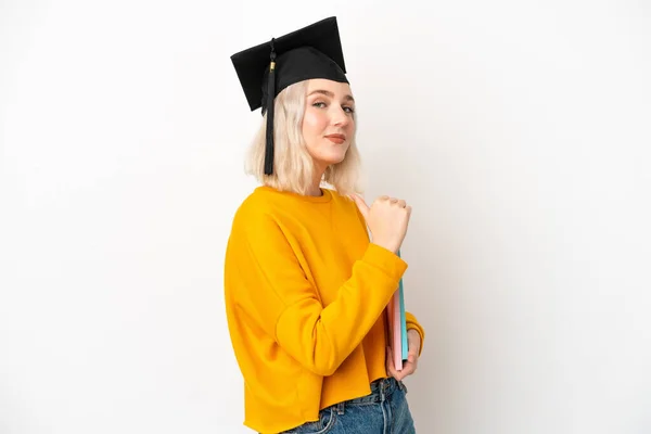 Young University Caucasian Woman Graduate Isolated White Background Proud Self — Stockfoto