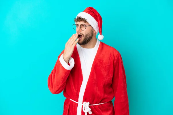 Young Man Disguised Santa Claus Isolated Blue Background Yawning Covering — Stock Photo, Image